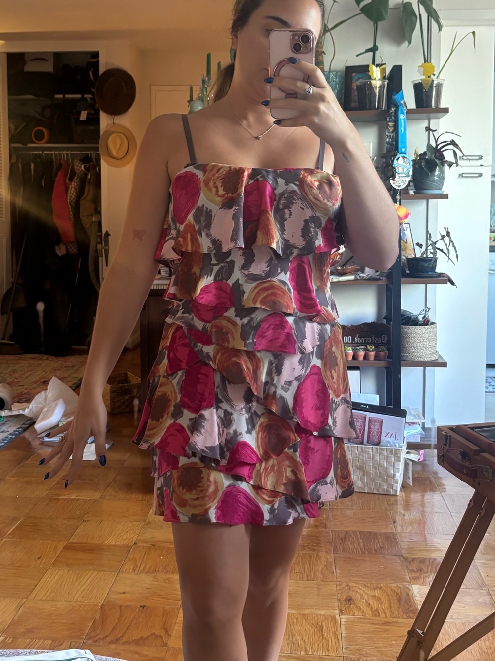 BCBG Ruffled Floral Spaghetti Strap Dress in Pink, Magenta & Brown